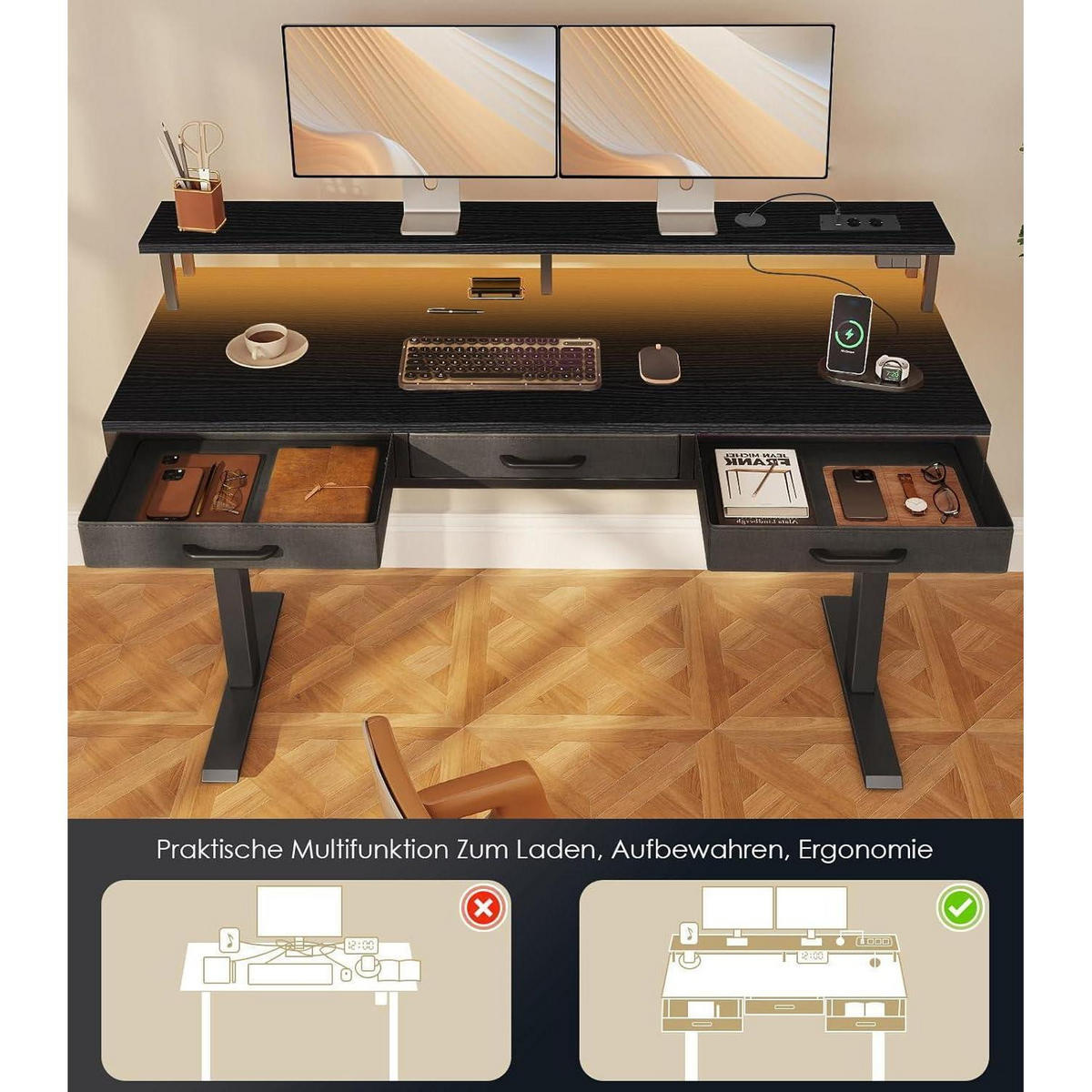 ELEKTRISCHER Schreibtisch mit Schubladen 140 cm Schwarz - Schwarz, Holz (54/140/78cm)