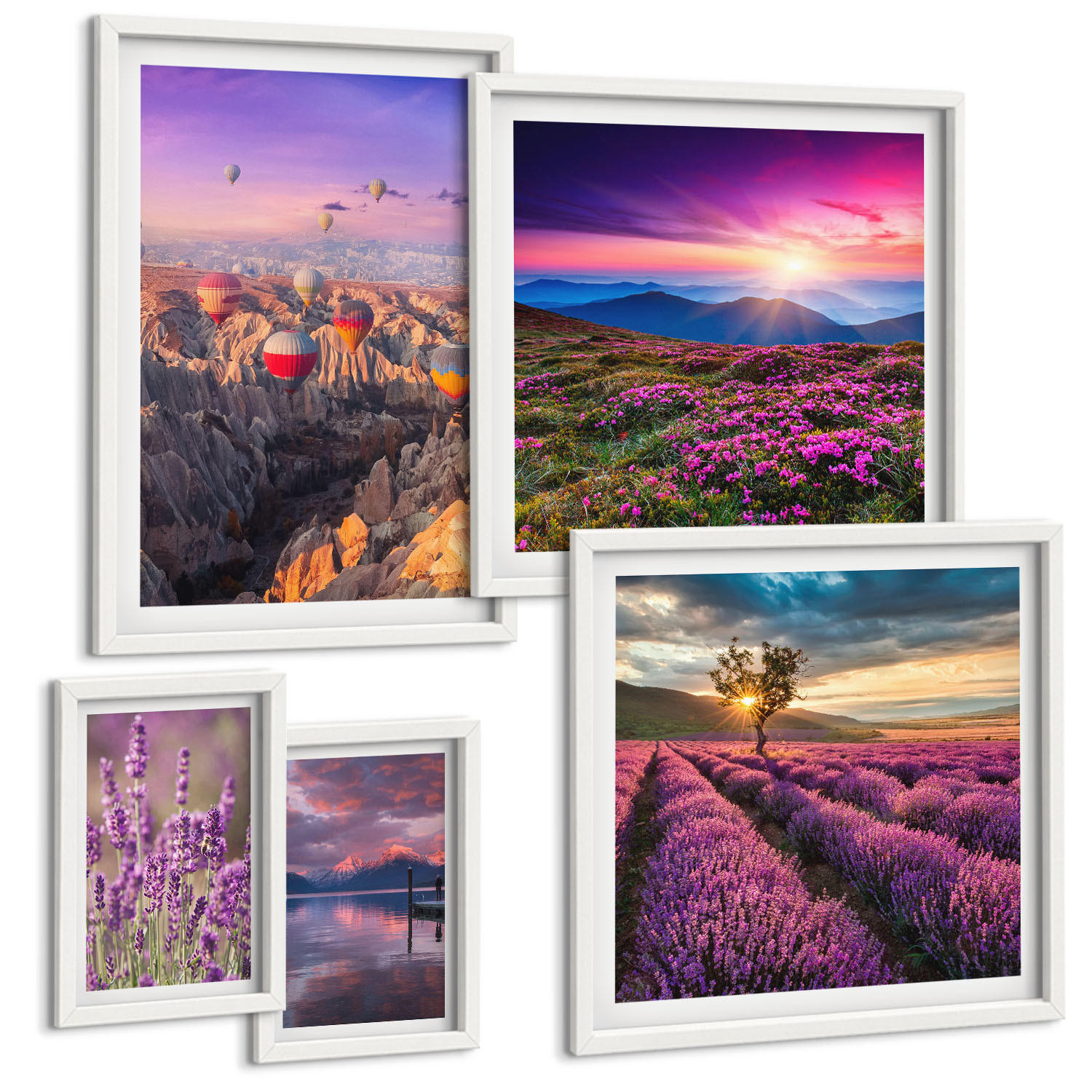 BILDER SET 5er Set - 50x50 cm & 20x30 cm & 40x60 cm Weißer Rahmen - Sonnenuntergang auf Lavendelfeldern - Weiß, Kunststoff (40/60cm) - TULUP