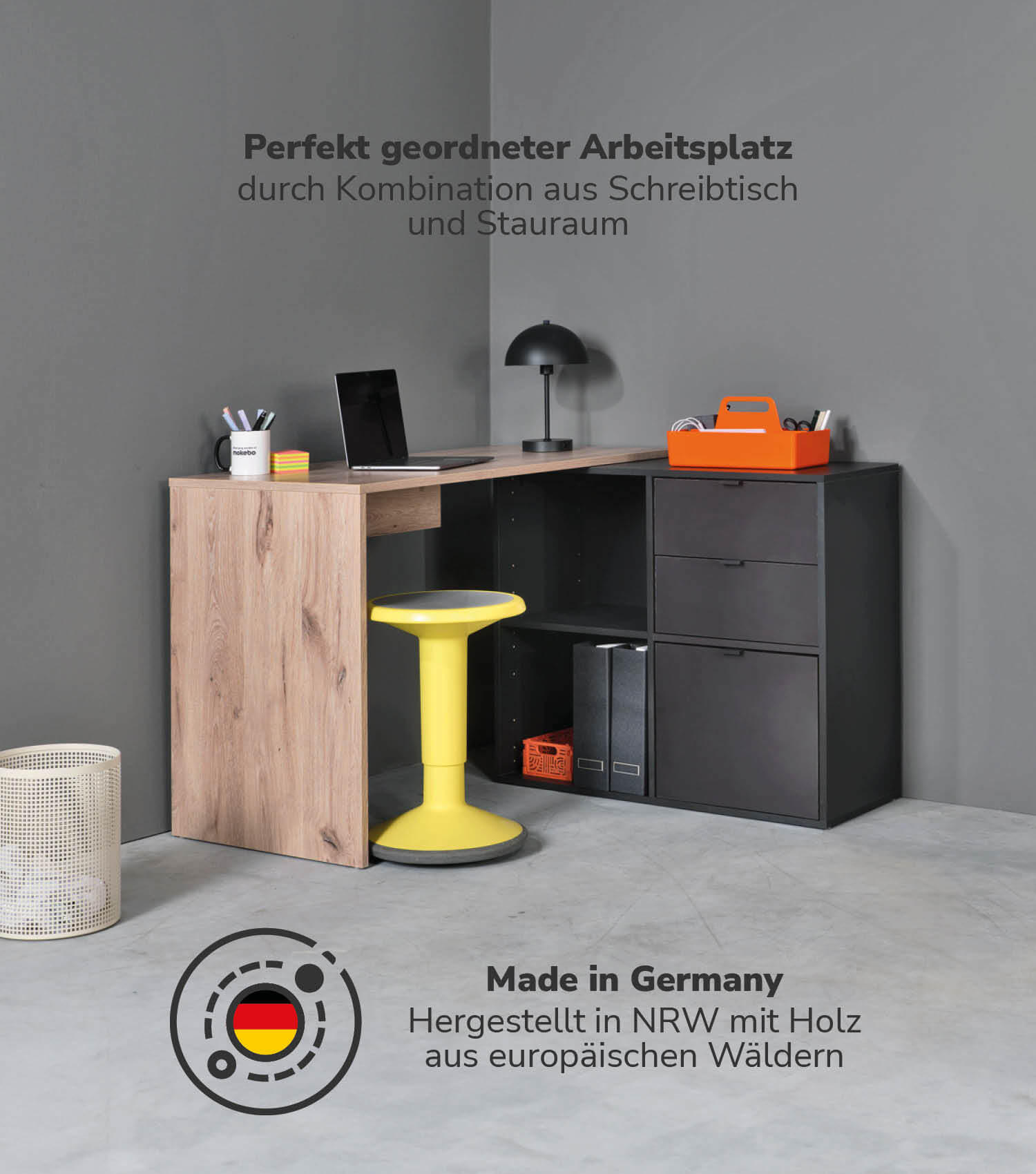 ECKSCHREIBTISCH Der Produktive - Eichefarben/Schwarz, Holzwerkstoff (54/112/77cm) - Mokebo