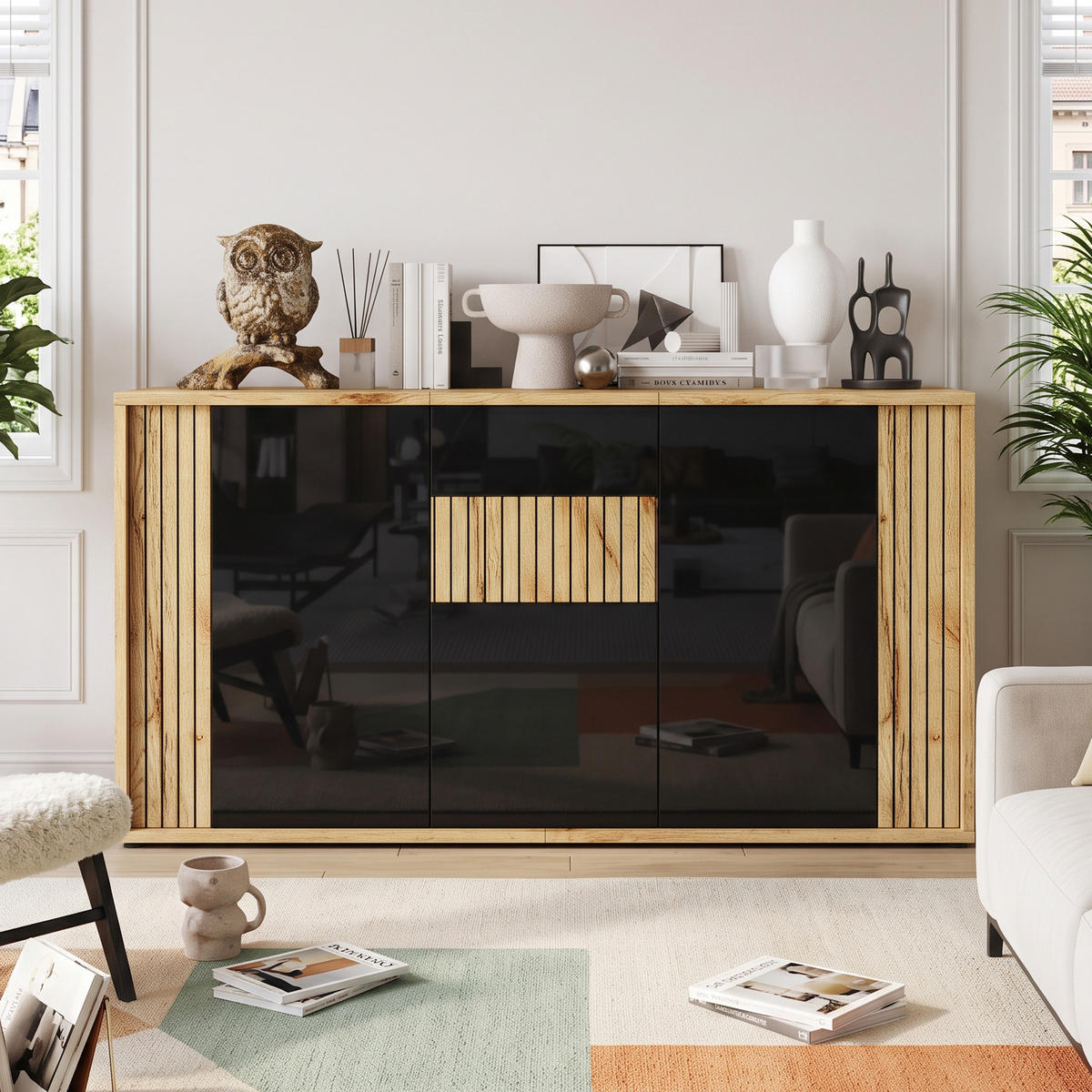 SIDEBOARD Schwarz Hochglanz & Holzton 3 Türen Wellenmuster - Naturfarben, Holzwerkstoff (140/71/35cm) - Urban Meuble