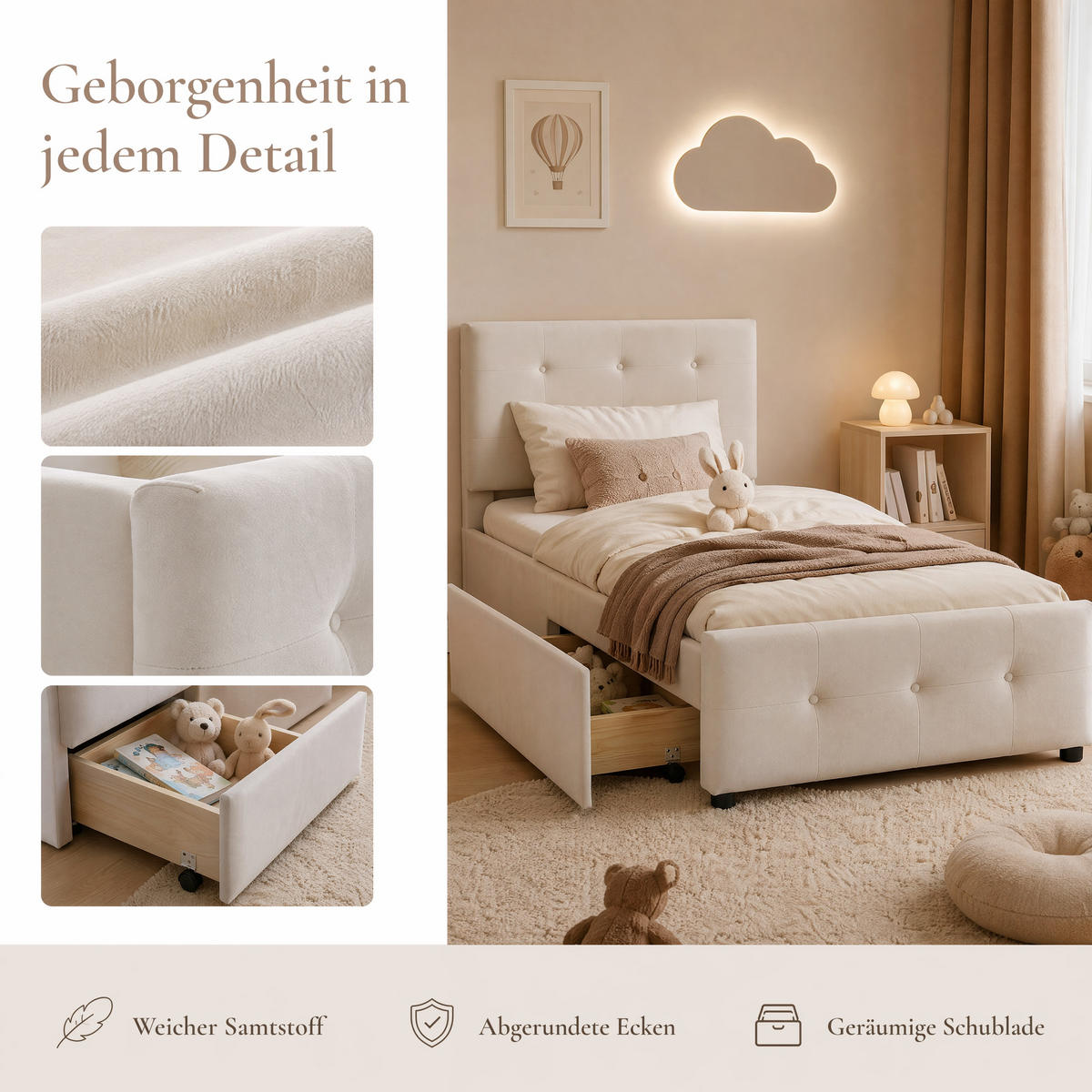 EINZELBETT 90x200 Samt Mit Stauraumschublade Stabil Lattenrost - Creme, Holz