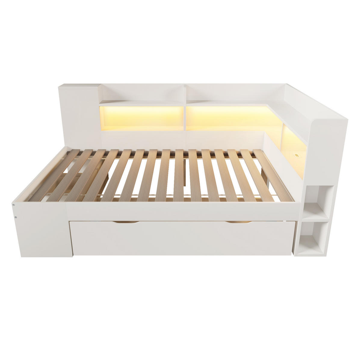 POLSTERBETT 90/200 cm aus Holzwerkstoff mit LED-Beleuchtung, USB- und Typ-C-Anschluss, Stauraum und Lattenrost, Weiß - Weiß, Textil (90/200cm) - Redom