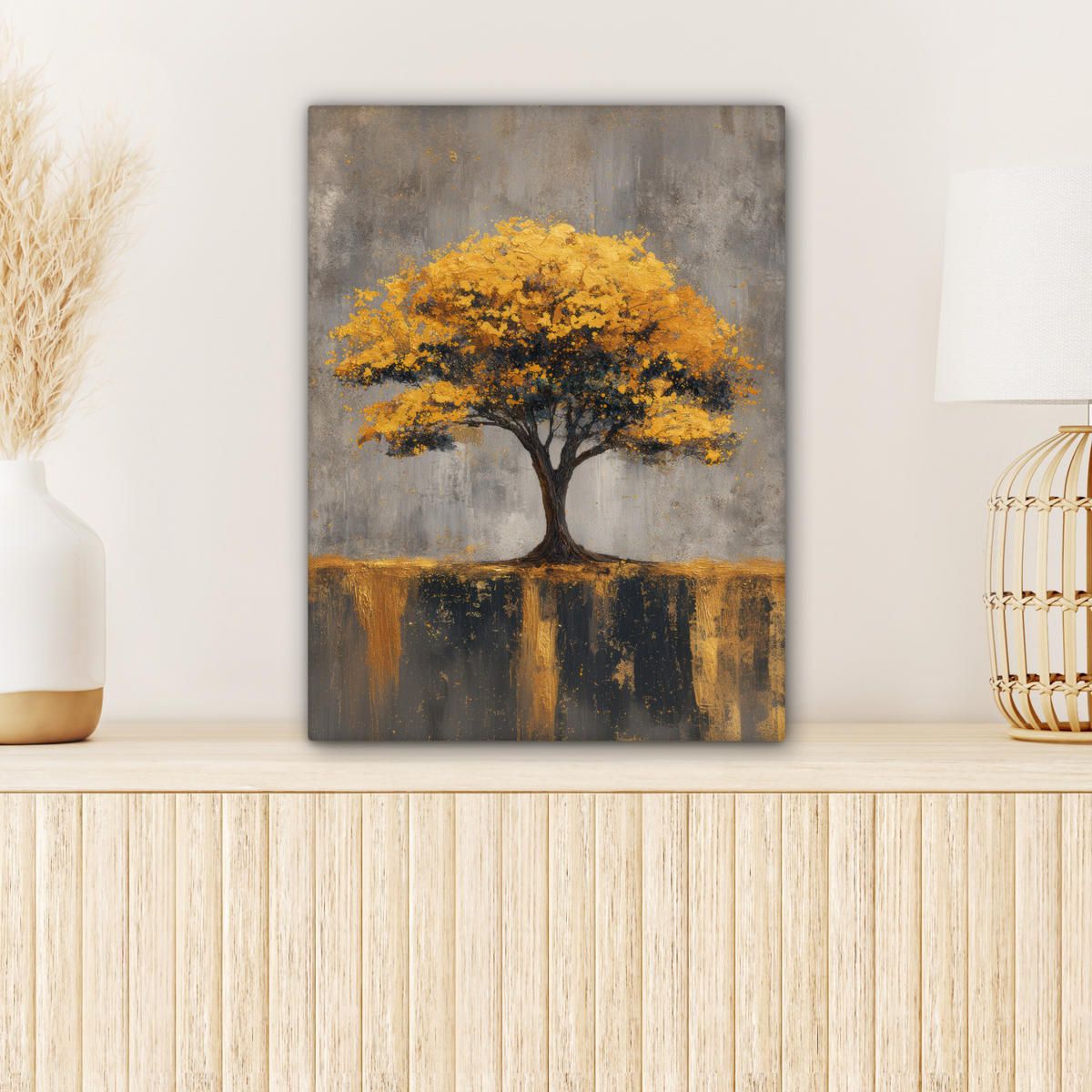LEINWANDBILD Baum - Blätter - Gold - Abstrakt Room Decor 30x40 cm - Grau, Textil (30/40cm) - MuchoWow