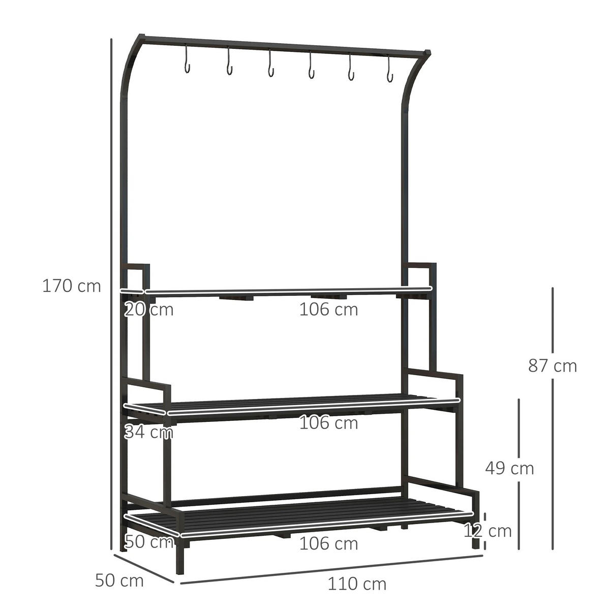 PFLANZENREGAL 3-stufiger, mit 6 Aufhängehaken - Schwarz, Metall (110/170/50cm) - Kaket