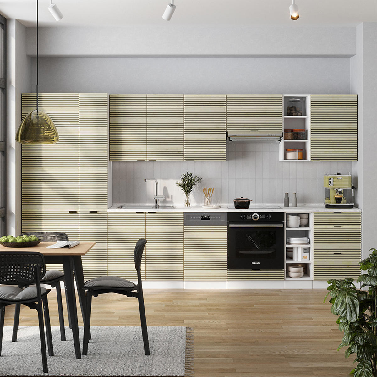 KÜCHENZEILE Fame-Line Eiche Paneel/Weiß 355 cm , AP Anthrazit - Hellbraun/Weiß, Holzwerkstoff (355/81.6/60cm) - Vicco