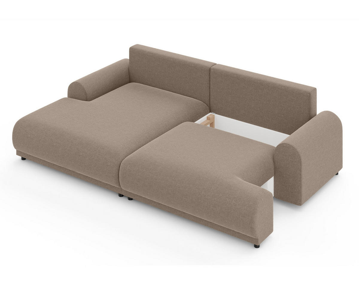 ECKSOFA mit Schlaffunktion, Bettkasten, extrabreite Ottomane links, abgerundete Armlehnen, B240/T145/H81 cm, Chenille Hellbraun / 21022 - Hellbraun/Schwarz, Kunststoff/Textil (240/145cm) - luma-home