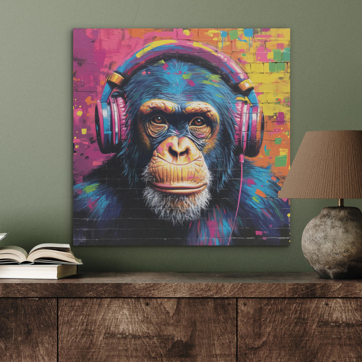 AKUSTIKBILD Graffiti - Schimpanse - Straßenkunst - Kopfhörer - Affe Wandbilder 60x60 cm - Blau, Kunststoff (60/60/0.9cm) - MuchoWow