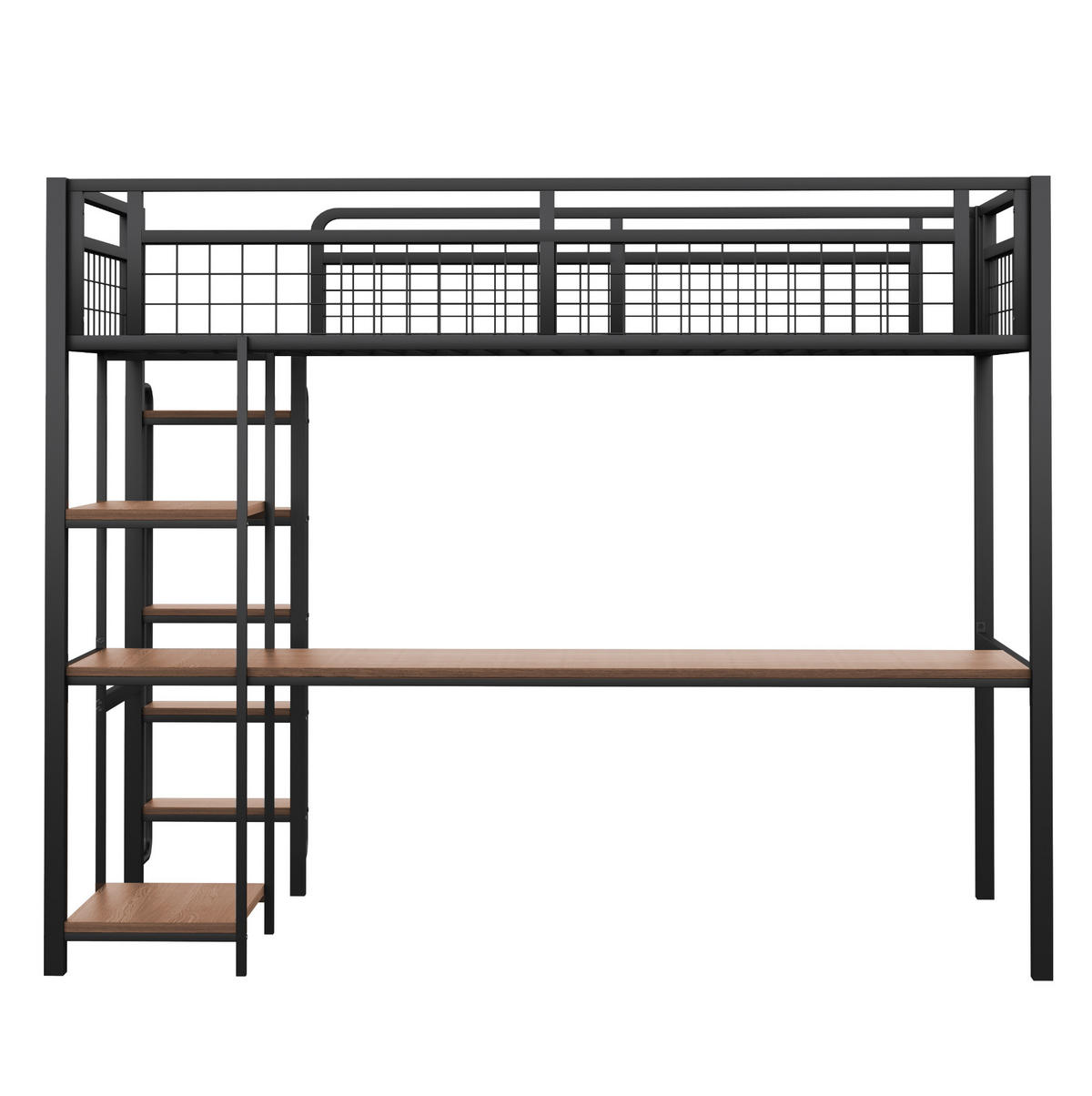 HOCHBETT 90/200 cm in Schwarz mit Schreibtisch, Regalen und Sicherheitsleiter - Schwarz, Metall (90/200cm) - Flora Grace