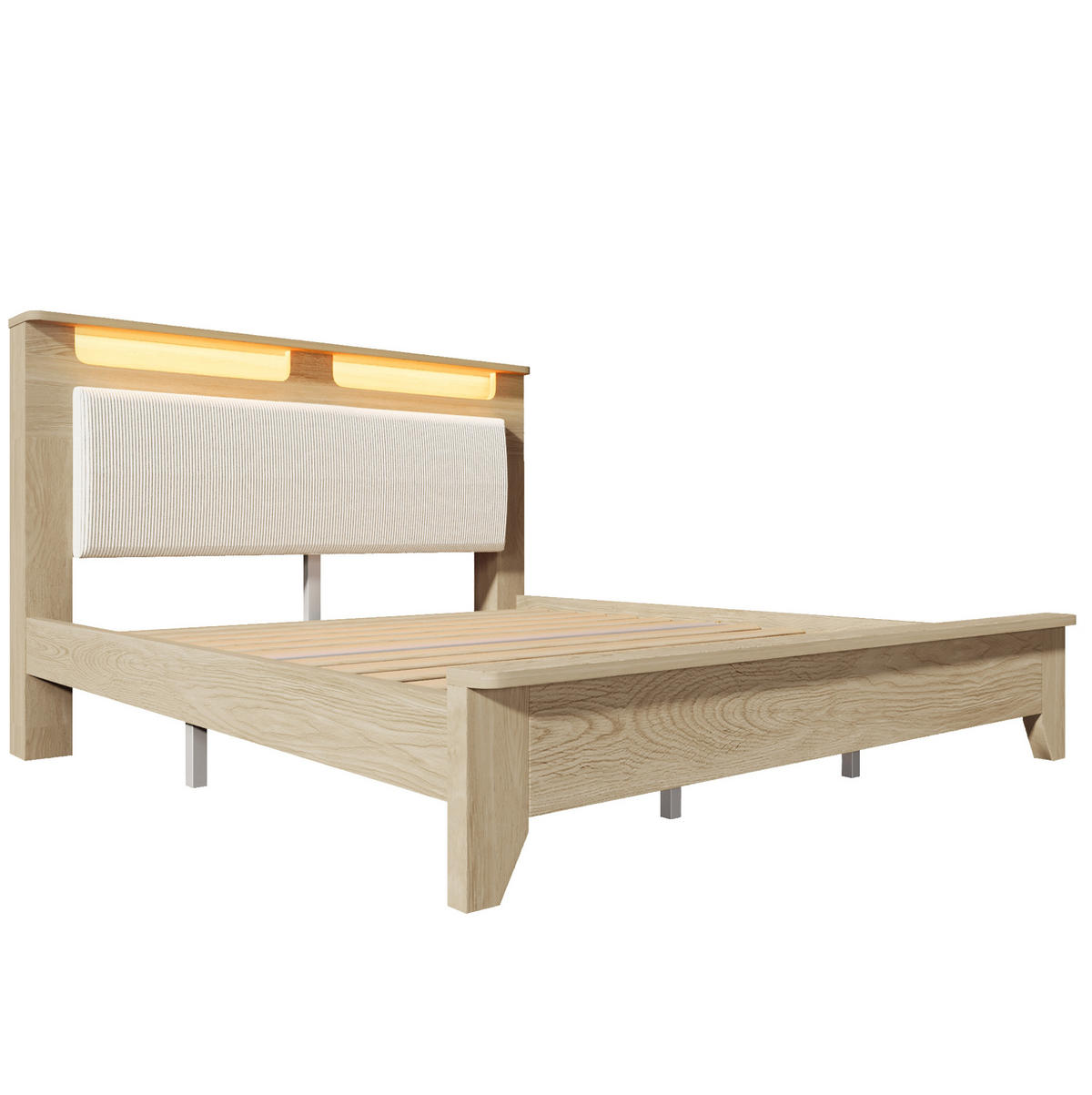 POLSTERBETT 140/200 cm Beige aus Cordstoff und Holz mit LED-Beleuchtung - Beige, Textil (140/200cm) - OKMYHOME