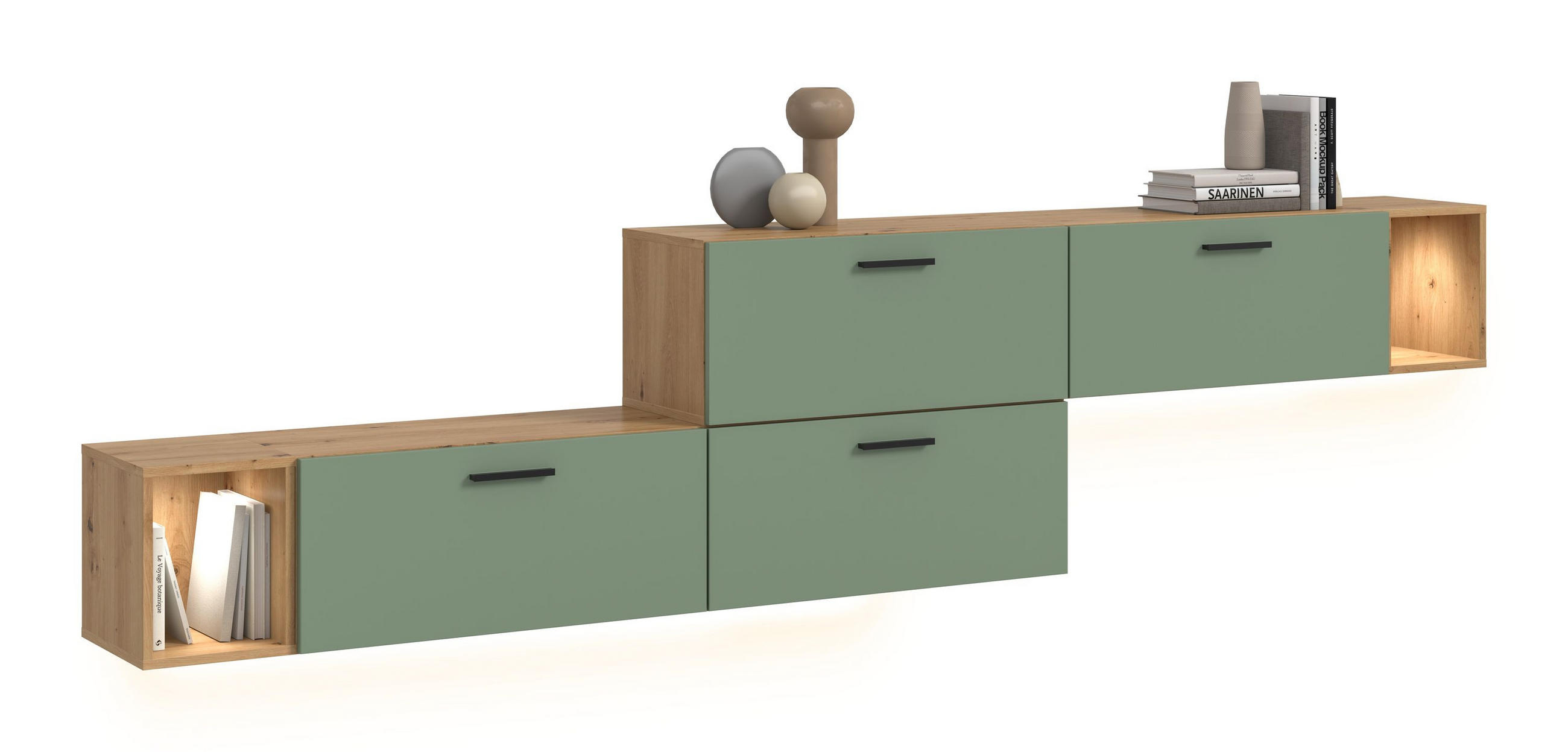 WOHNWAND inkl Beleuchtung Primo 5 tlg. (B/H/T: ca. 276/97/34 cm) in Artisan Oak /Smoke Green - Eiche Artisan, Holzwerkstoff (276/97/34cm)