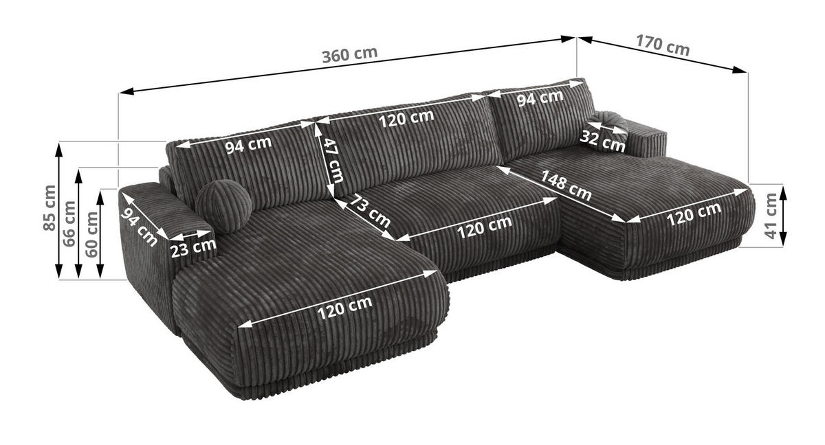 SEDACIA SÚPRAVA RINA U Sivá Menčester - čierna/sivá, textil/plast (360/85/170cm) - MKS