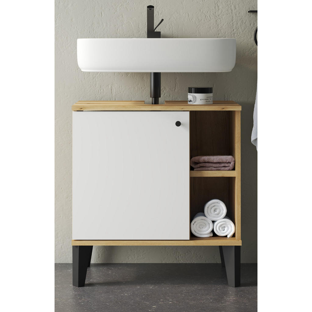 Thumbnail - Furn.Design Waschbeckenunterschrank, Weiß, Eiche, Kunststoff, Nachbildung,Eiche, Uni, Rechteckig, 60x65x33 cm, FSC Mix, ...