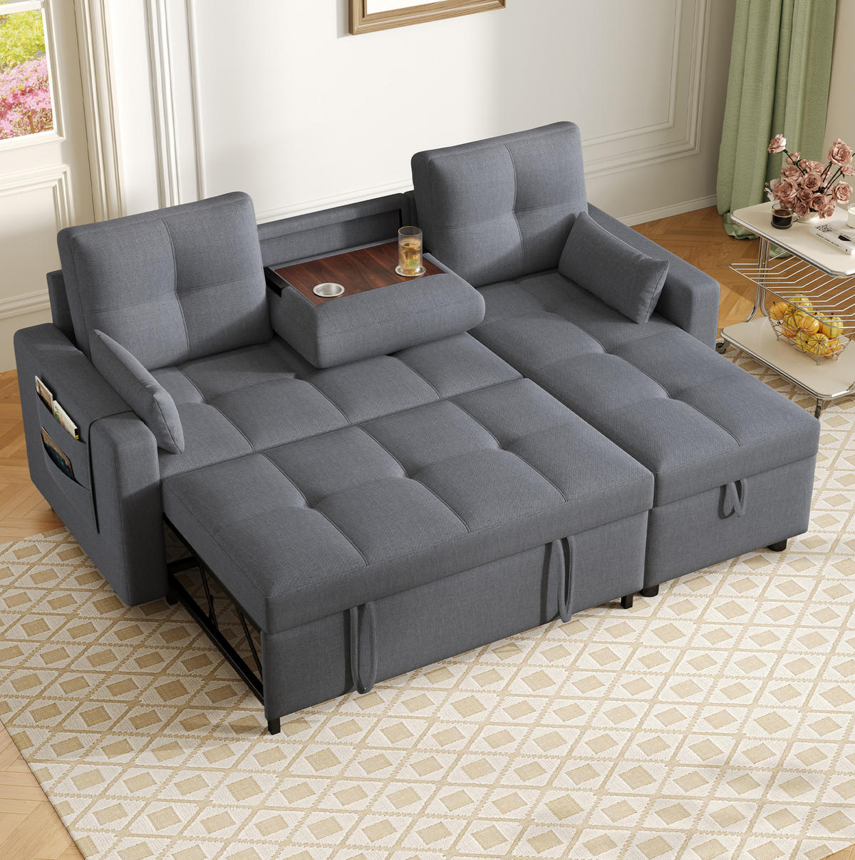 ECK-SCHLAFSOFA, Leinen mit Stauraum & Getränkehalter, 211/136/87 cm, Grau - Grau, Textil (136/87/211cm) - Redom
