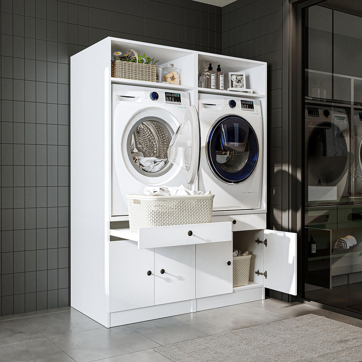 WASCHMASCHINENSCHRANK Serie 1 134cm Breit, 184cm Hoch - Weiß, Holzwerkstoff (134/184/67cm)