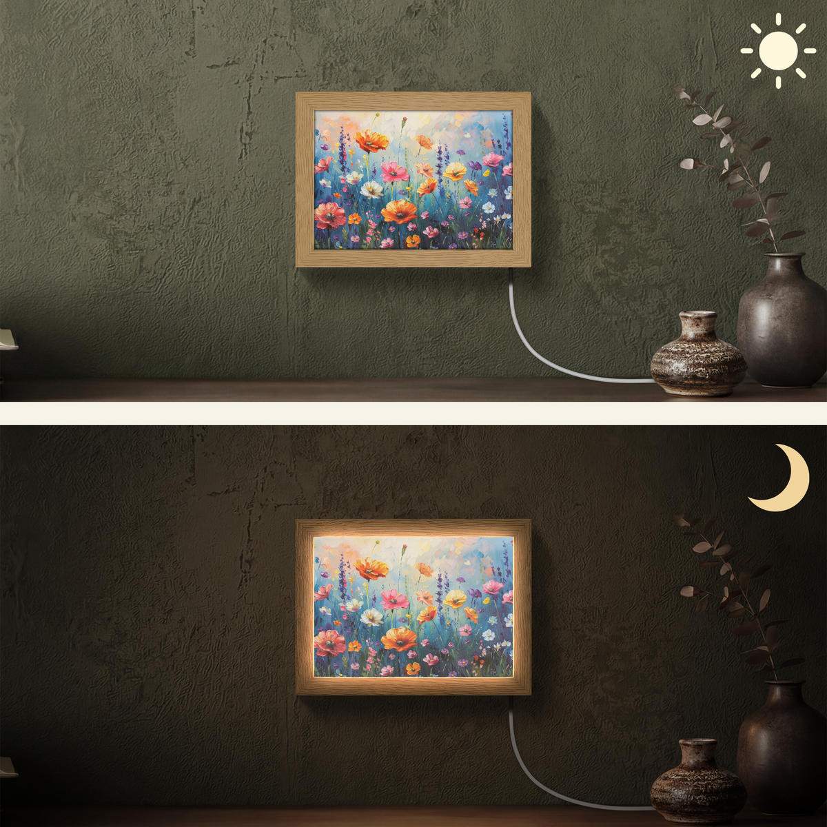NÁSTĚNNÁ LAMPA Květiny - Příroda - Akvarel - Umění 20x15 cm - různobarevná, kompozitní dřevo (20/15/8cm) - OnlyWow
