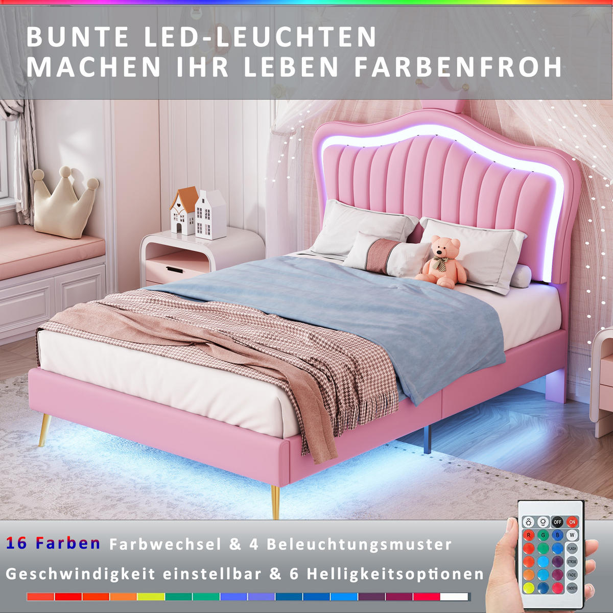 KINDERBETT 90x200 cm Rosa PU Leder LED Lattenrost Rückenlehne - Pink, Holzwerkstoff - FLIEKS