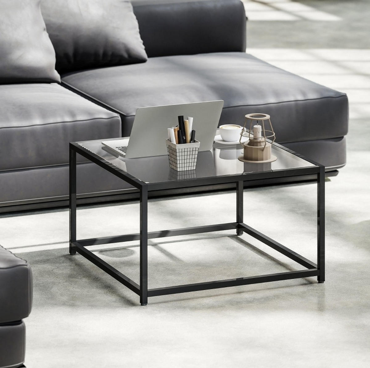 COUCHTISCH aus Hartglas und Stahl 68x68x39 cm in Schwarz - Schwarz, Glas (68/68/39cm) - Modfu