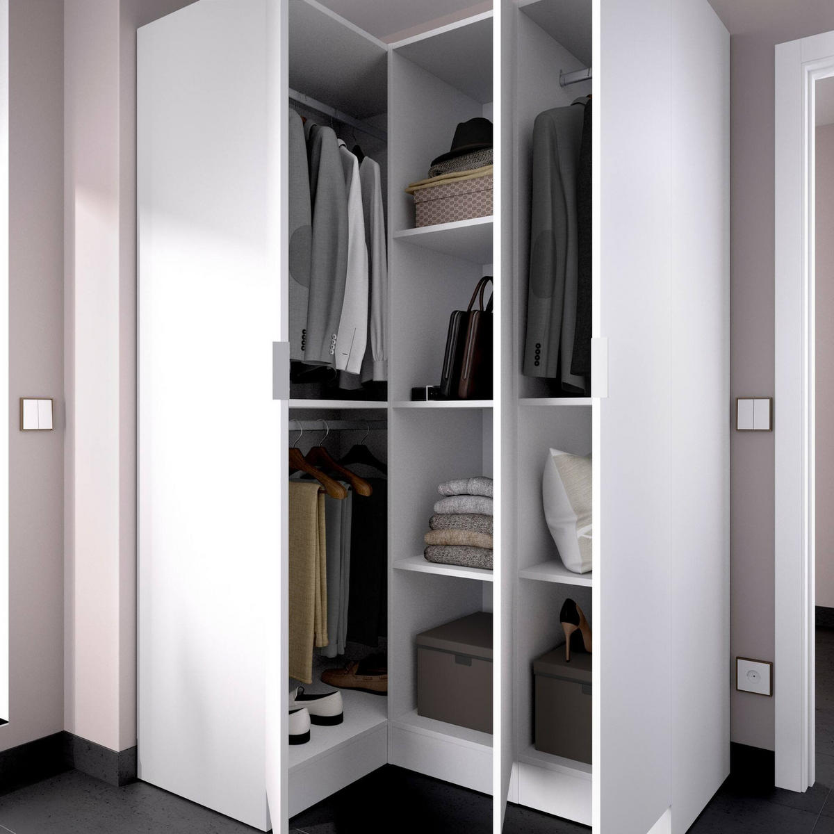 ECKKLEIDERSCHRANK Holz-Effekt Weiß 90.5x133h184 - Weiß, Holzwerkstoff (133/184/90.5cm) - DMORA