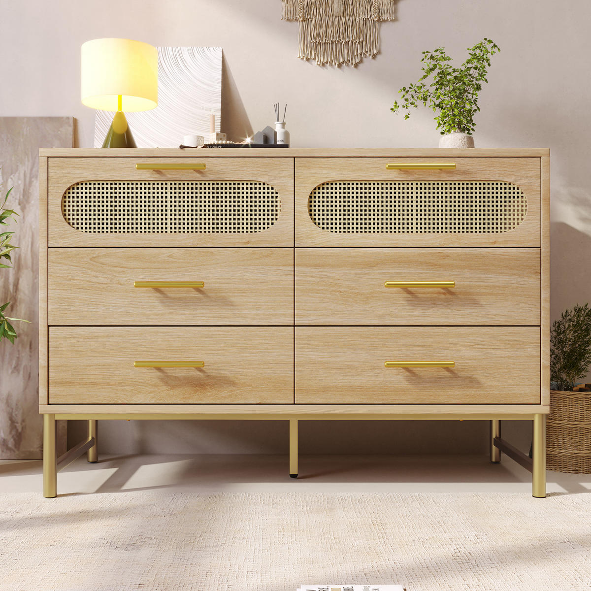 KOMMODE mit 2 Türen, 6 Schubladen, LED-Beleuchtung und Rattan-Optik, 120 x 40 x 74 cm, Eiche, Metall, Spanplatte - Eichefarben, Holzwerkstoff (120/74/40cm) - SONNENH
