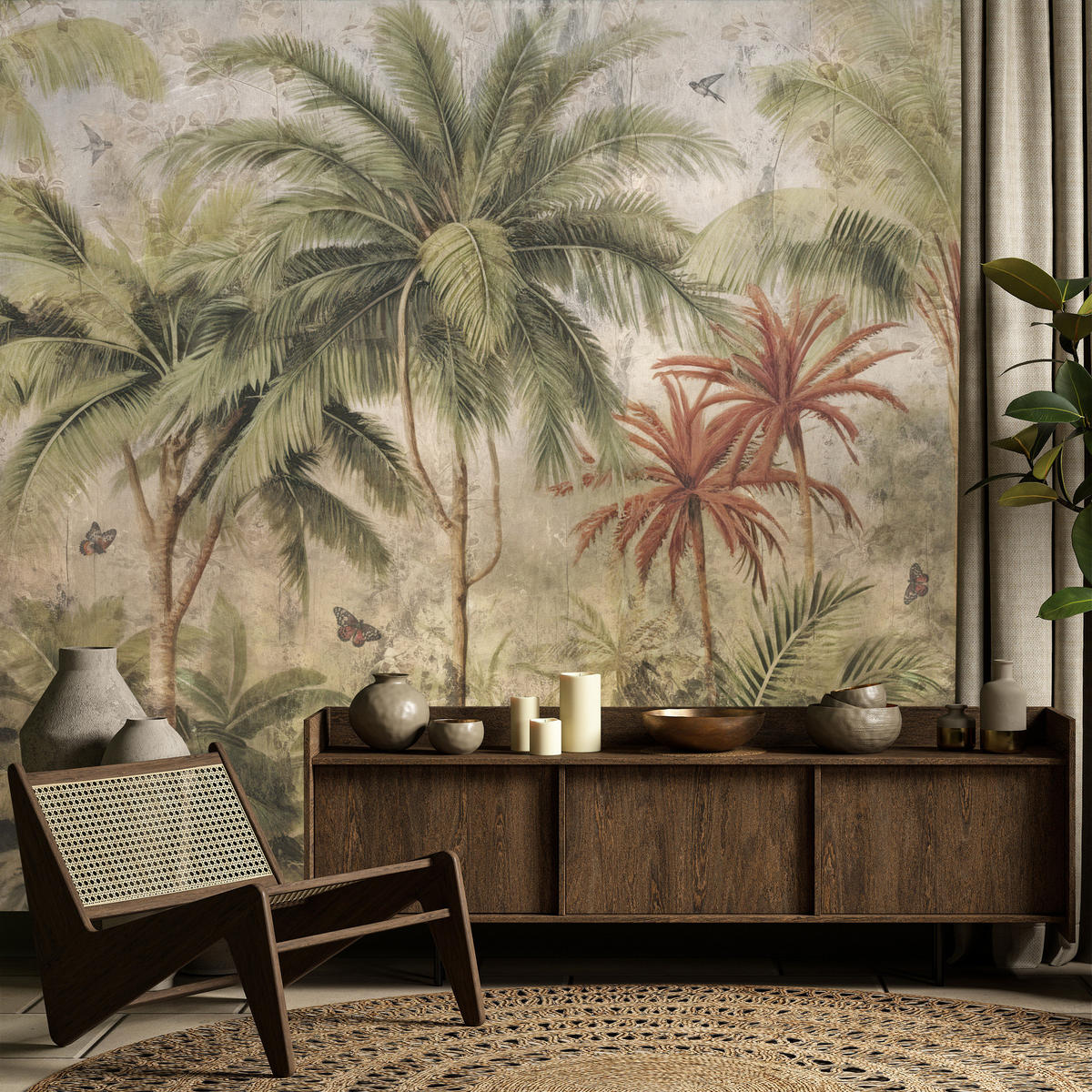 FOTOTAPETE Dschungel Tropische Pflanzen Beton Vintage 300x210 - Beige/Orange, Papier (300/210cm) - Muralo