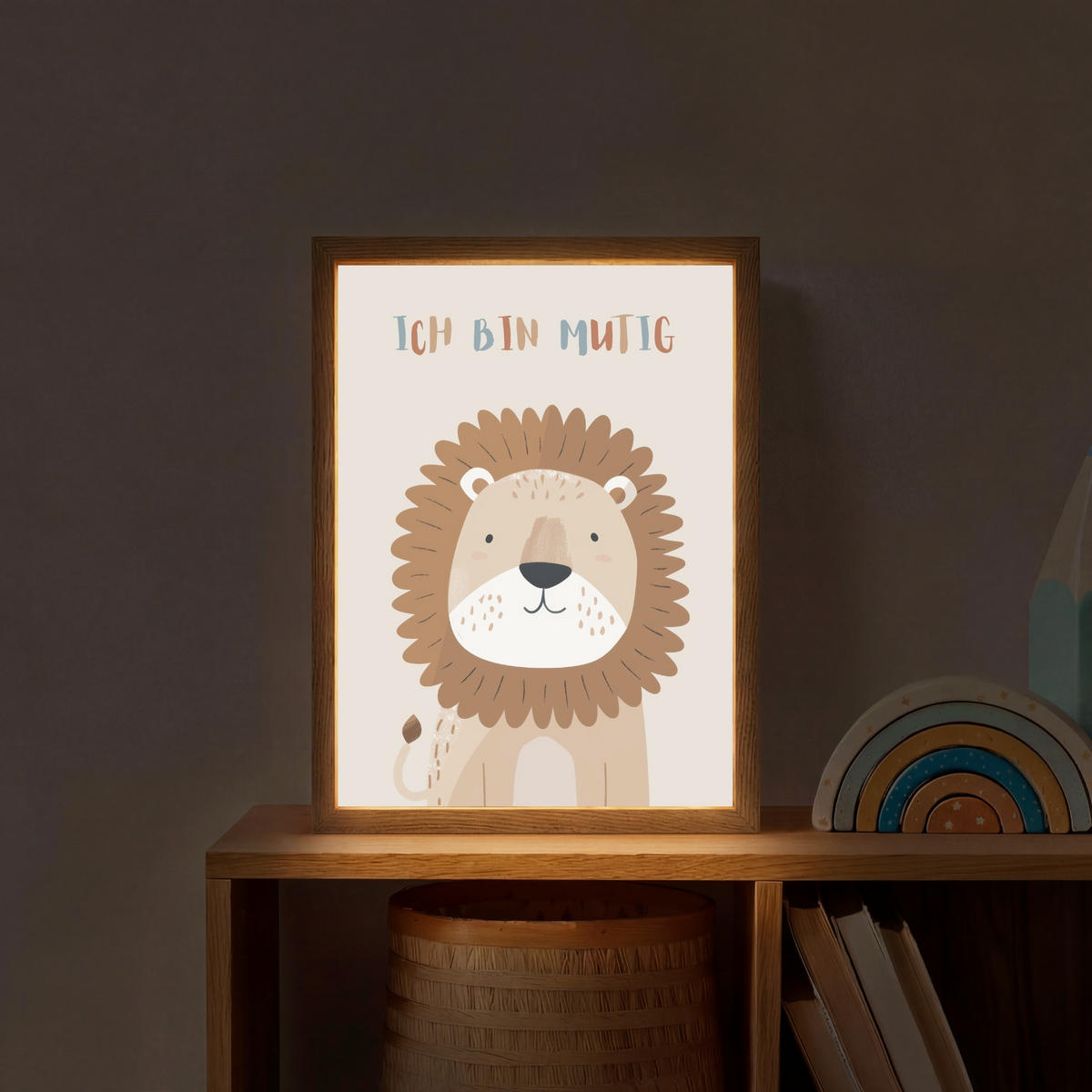 NACHTTISCHLAMPE MIT AKKU Löwe - Beige - Tier - Mutig - Zitat 30x40 cm - Beige, Holzwerkstoff (8/30/40cm) - OnlyWow