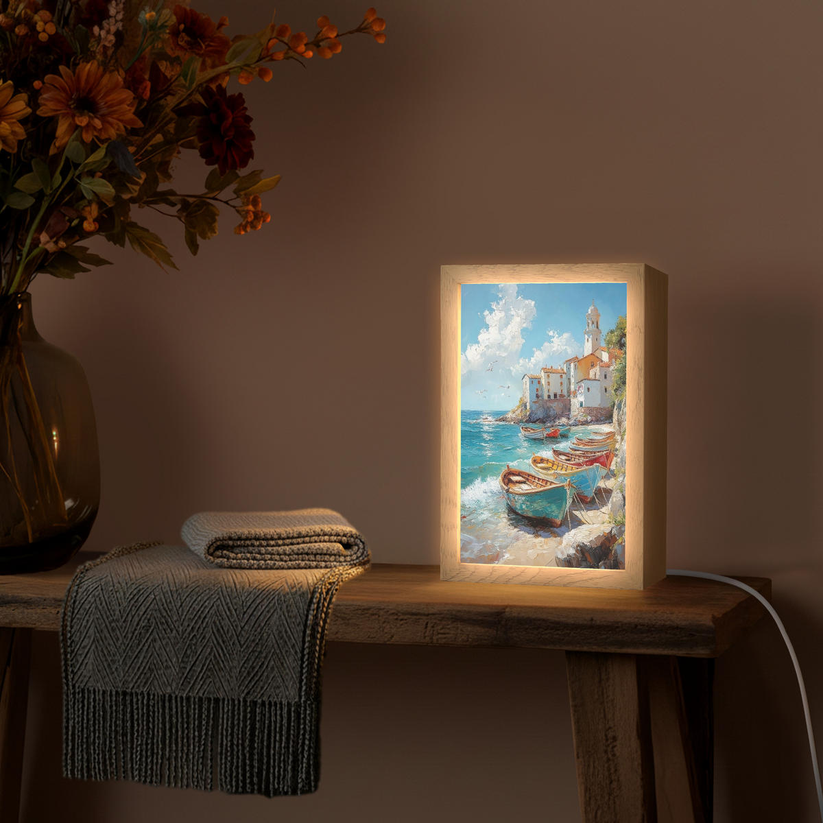 NÁSTĚNNÁ LAMPA Lodě - skály - moře - slunce 20x30 cm - modrá, kompozitní dřevo (20/30/8cm) - OnlyWow