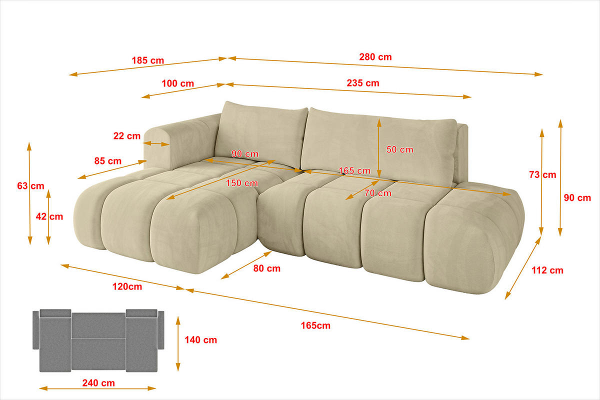 ECKSOFA Ottomane Links CLOUD-L 280x185x90 Beige Velours - Beige, Holzwerkstoff/Kunststoff (180/289cm) - ALTDECOR