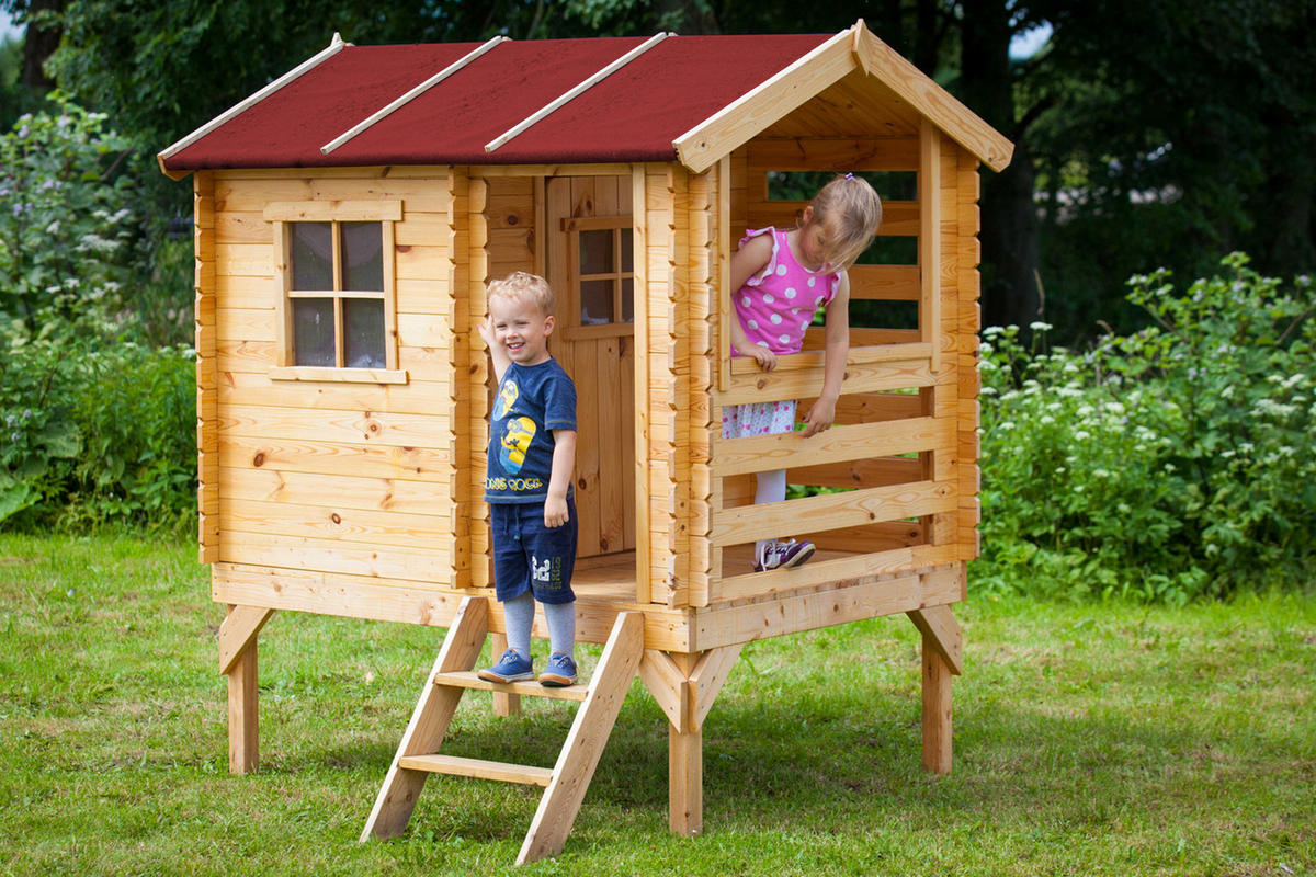 KINDERSPIELHAUS aus Holz - B146xL181xH205 cm/1,1m2 - M501B - Beige, Holz (146/205/182cm) - Timbela