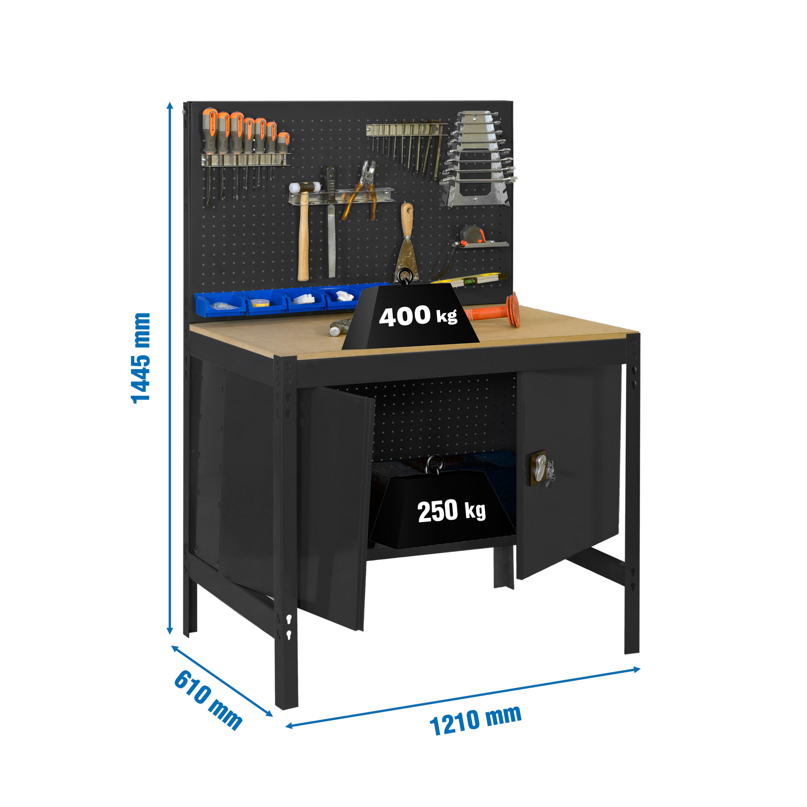 WERKBANK BUFFALO mit Werkzeugwand und Schrank | HxBxT 84x120x61cm | Traglast 600kg | Anthrazit - Anthrazit, Metall (120/84/61cm) - PROREGAL