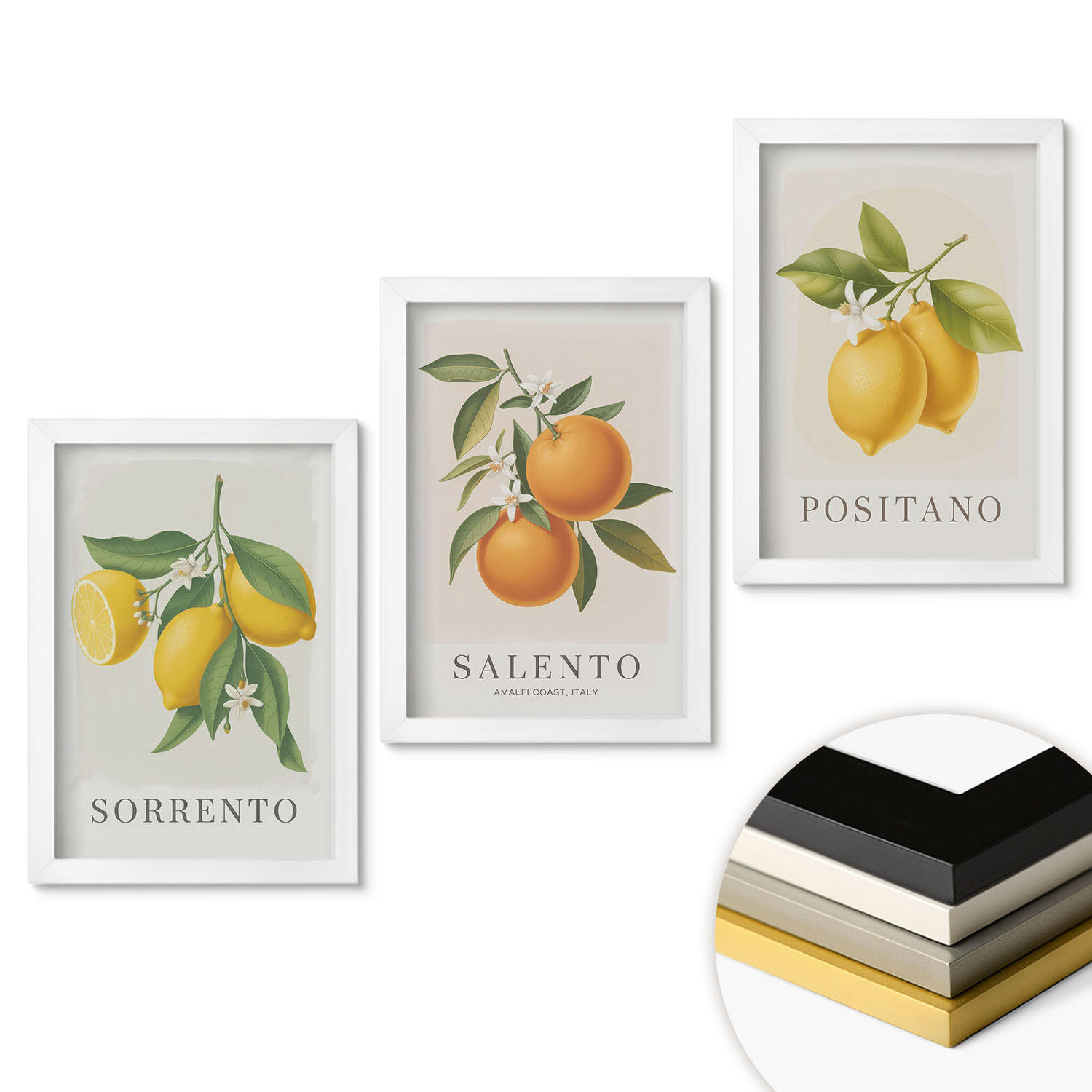 WANDBILDER 3er-Set - 20x30 cm Weißer Rahmen - Amalfi-Zitronen und -Orangen - Weiß, Kunststoff (20/30cm) - ArtPrintCave