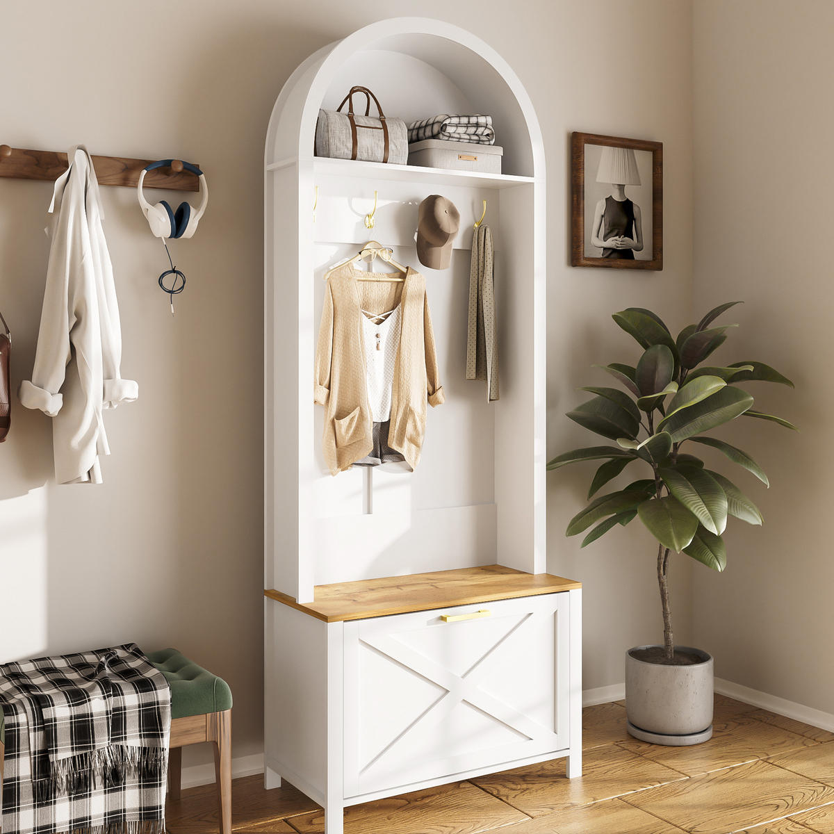 STANDGARDEROBE mit Schuhablage 75/35/195 cm in Weiß und Holzfarbe - Weiß, Holzwerkstoff (35/195/75cm) - BEAOK
