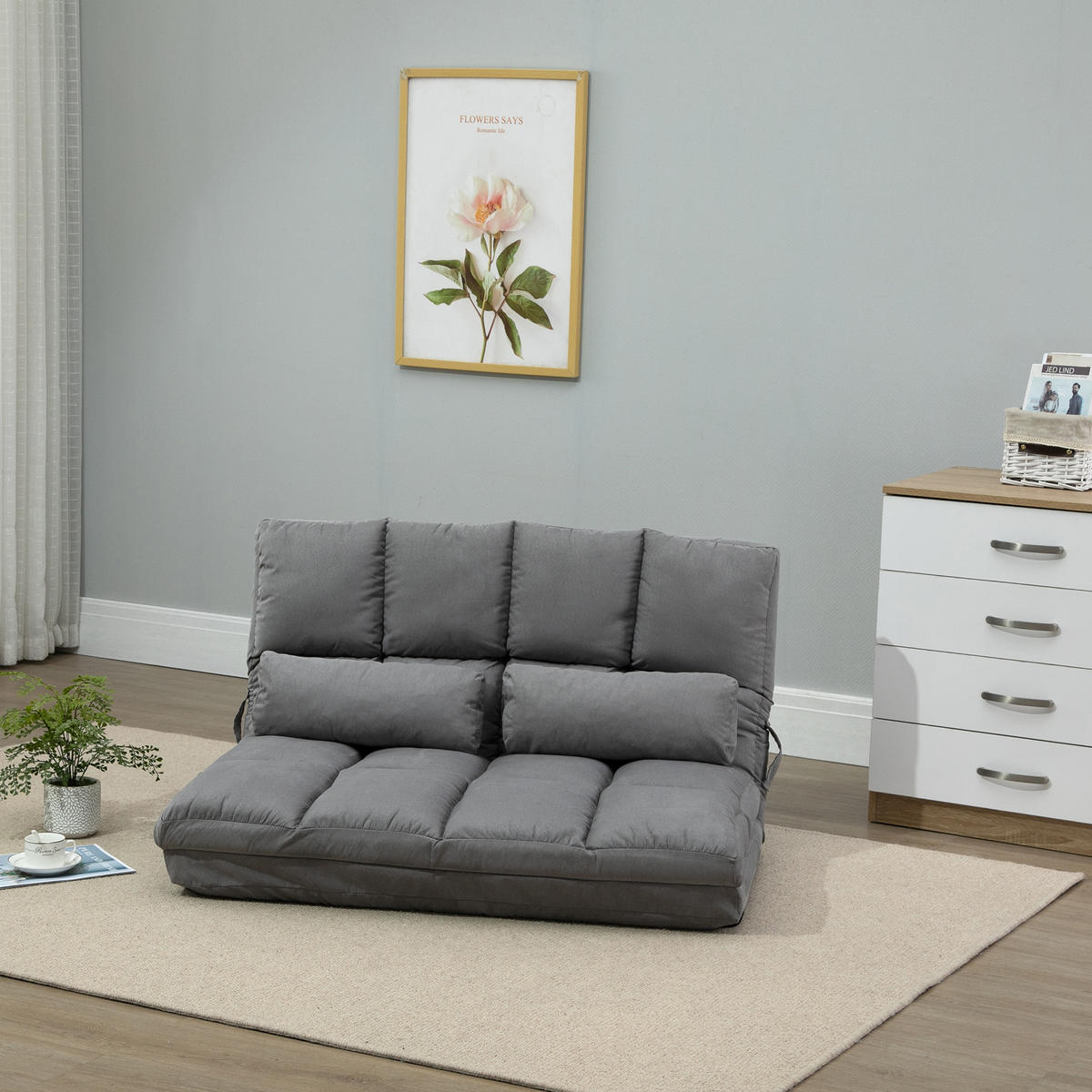 BODENSTUHL 2-in-1 Bodensessel Bett mit Rückenlehne 3 Positionen Verstellbar - Grau, Textil/Metall (73/60/102cm) - HOMCOM