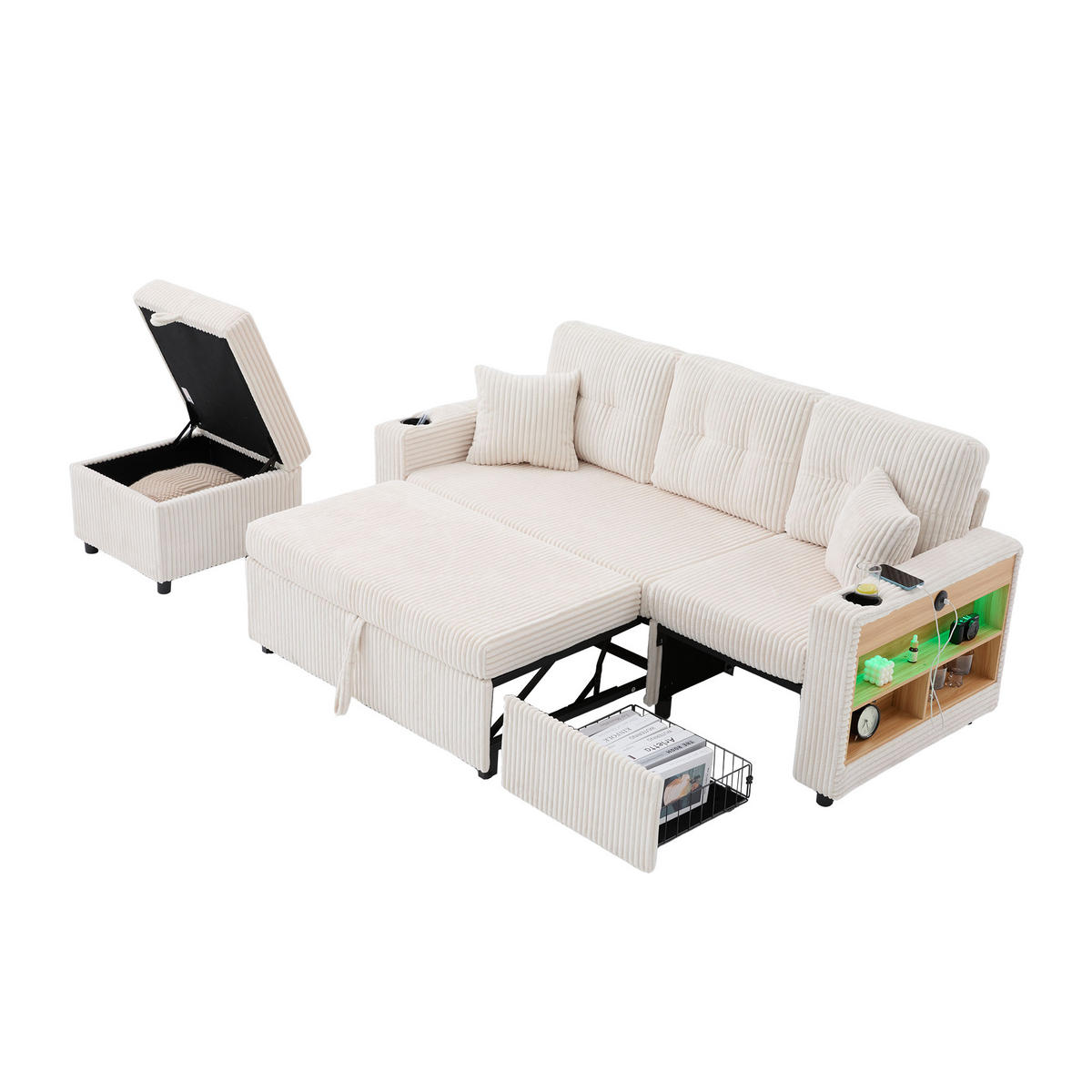 ECKSOFA DE-33716 mit Stauraum und Ausziehbett Beige - Beige, Metall (196/82cm) - ComfortXL