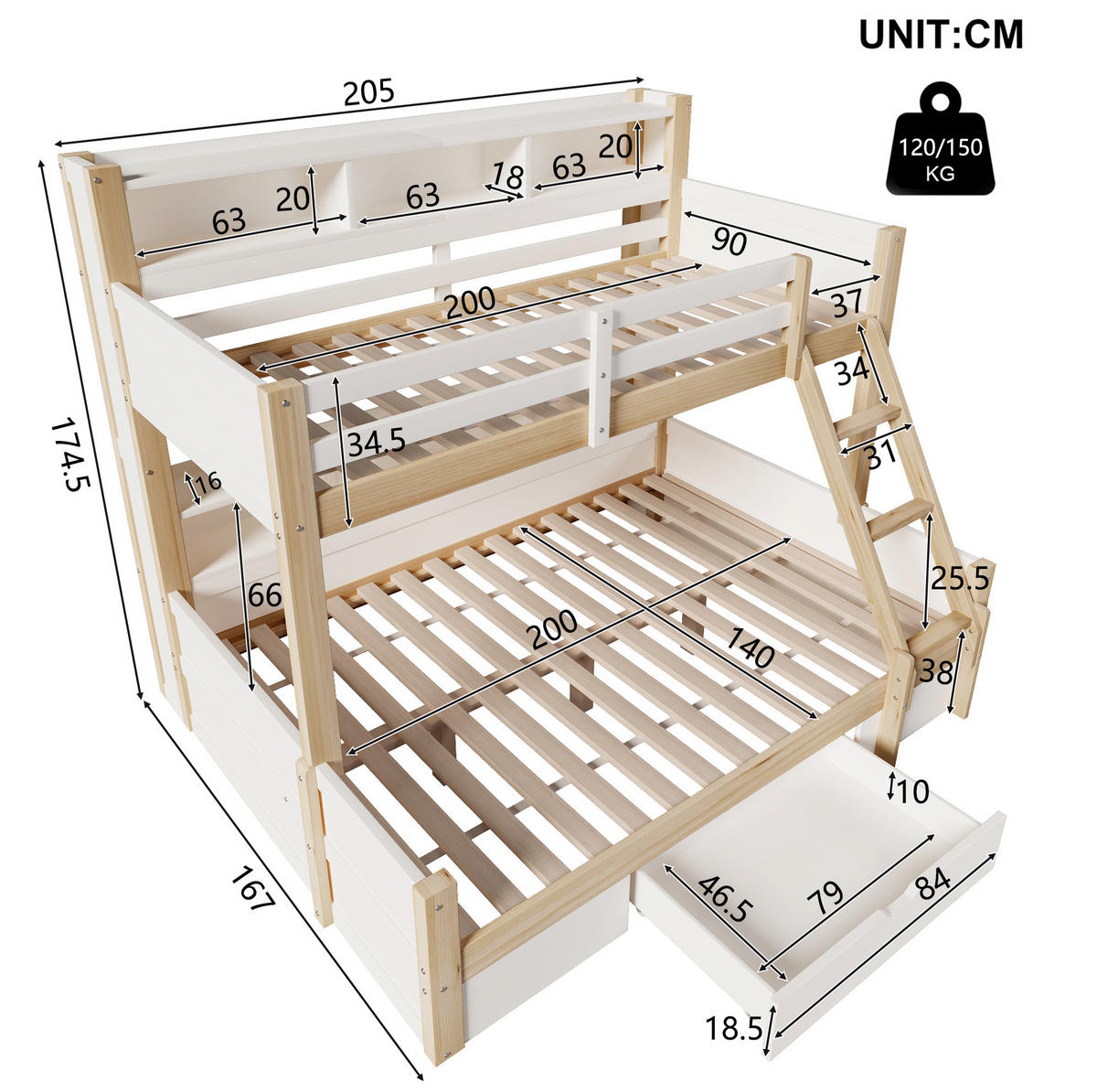 ETAGENBETT aus Kiefernholz 90x200/140x200 cm Weiß/Natur mit LED-Beleuchtung, Stauraum und Schublade - Weiß, Holzwerkstoff (90/200cm) - IVMEU