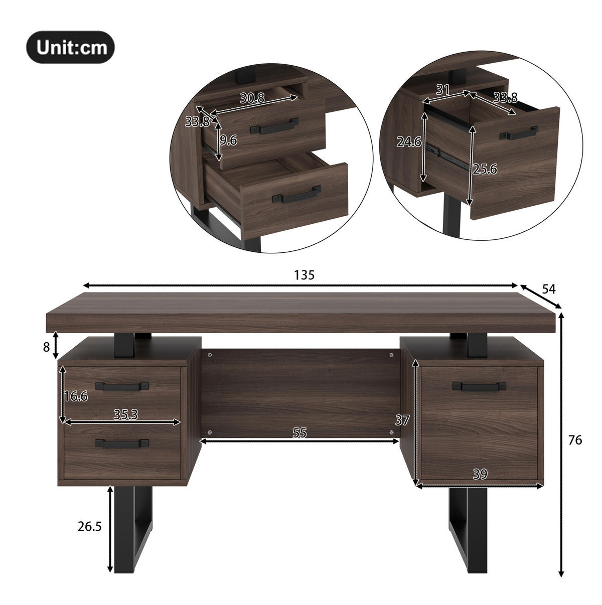 SCHREIBTISCH 135/54/76 cm dunkelbraun mit geräuschlosen Schubladen und Ablagefach - Dunkelbraun, Holzwerkstoff (135/54/76cm) - OKWISH
