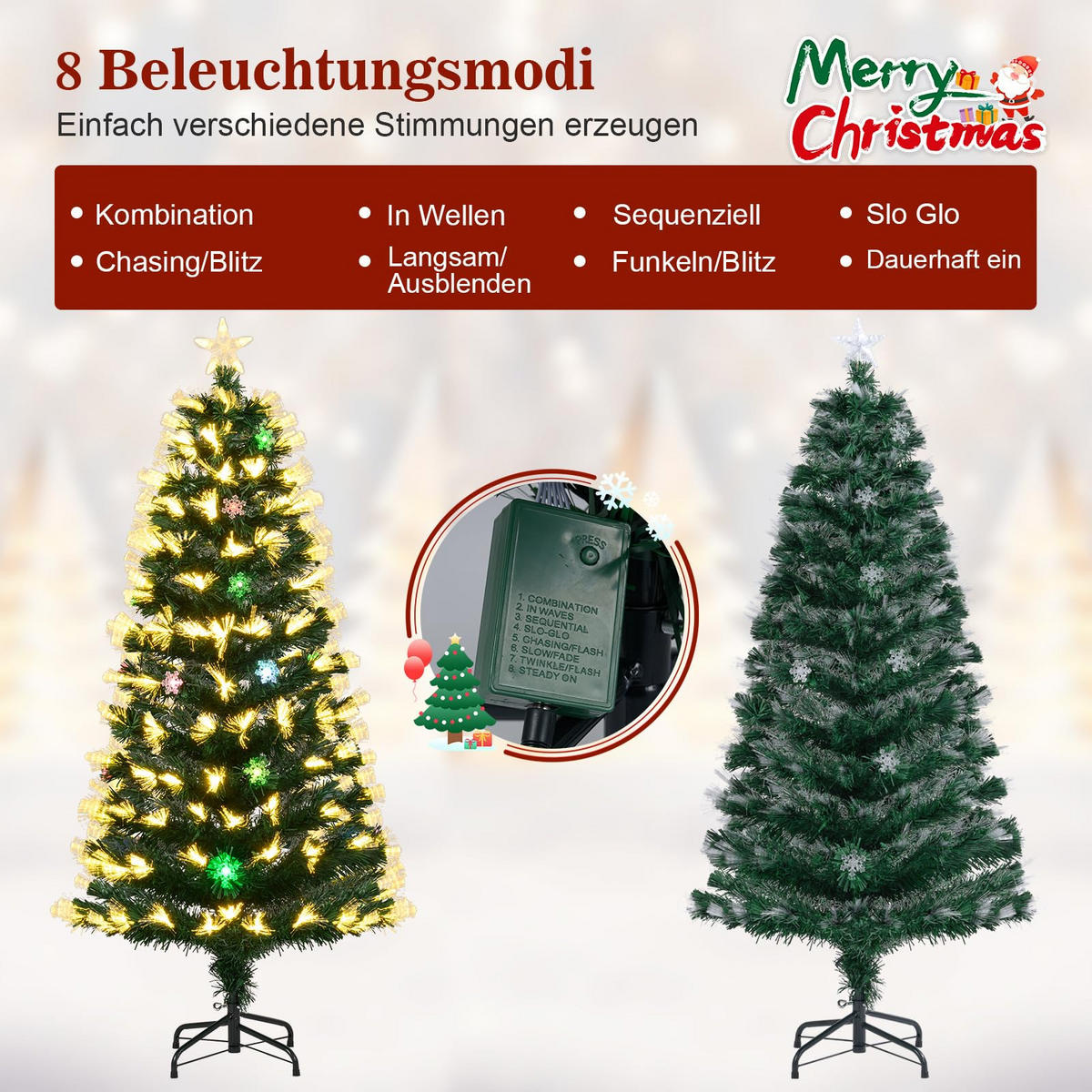 WEIHNACHTSBAUM Tannenform mit 8 Lichtmodi 150 cm warmweiße Glasfaser - Grün, Metall (150cm) - COSTWAY