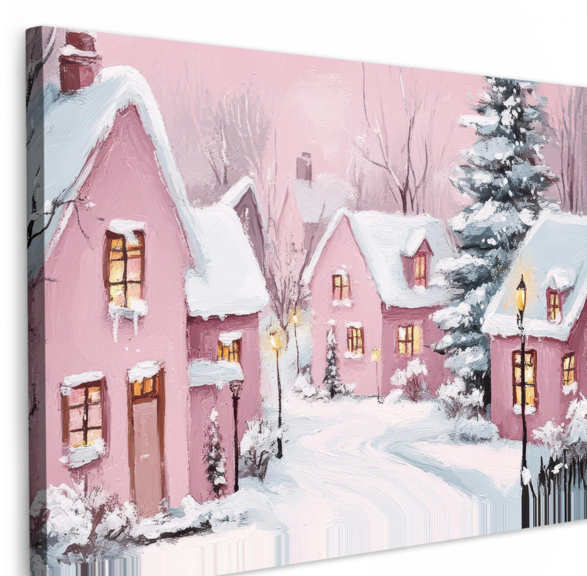 LEINWANDBILD Weihnachtsdorf - Rosa - Winter - Schnee - Häuser Groß 140x90 cm - Altrosa, Textil (140/90cm) - MuchoWow