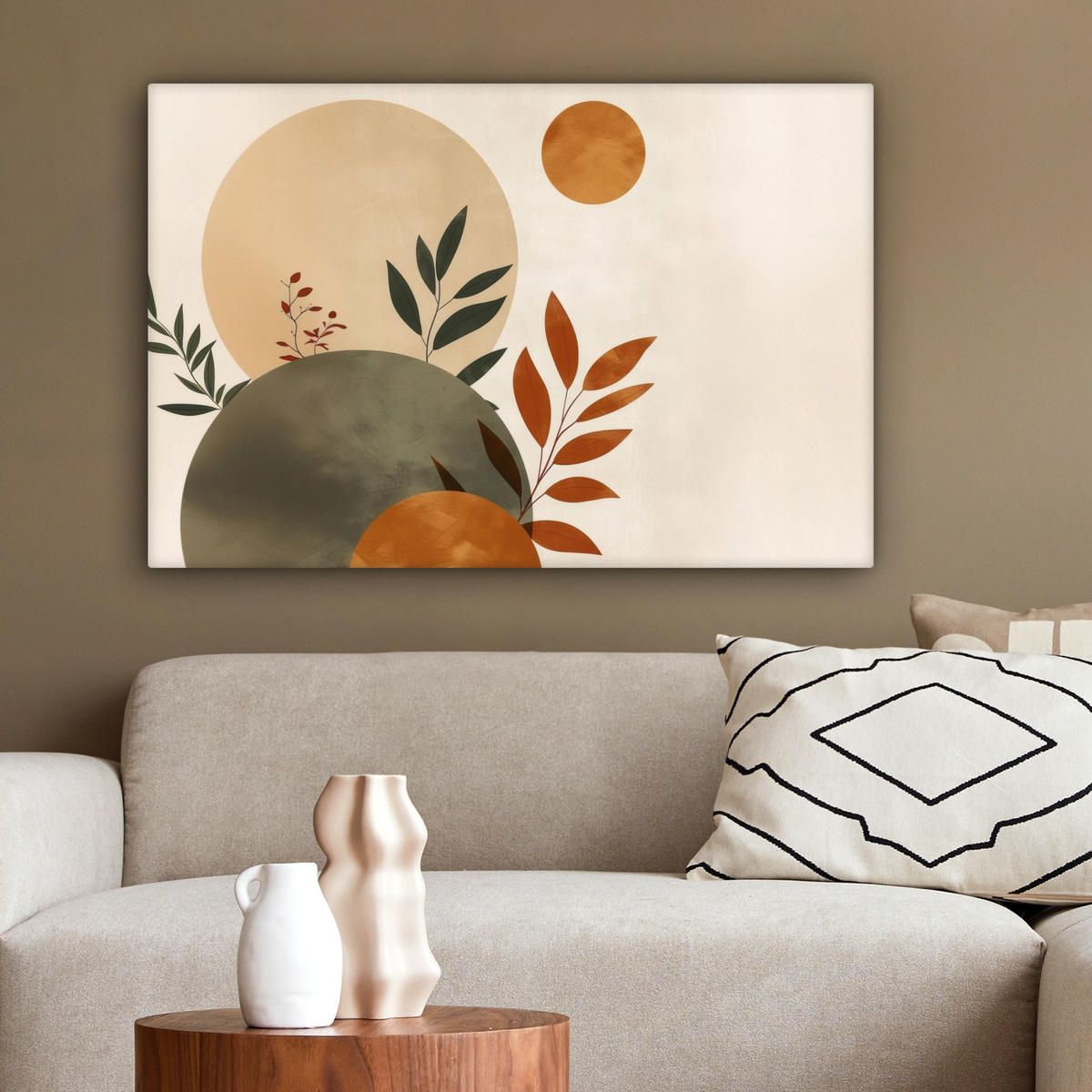 LEINWANDBILD Formen - Rund - Blätter - Beige Wanddeko 90x60 cm - Rostfarben, Textil (90/60cm) - MuchoWow