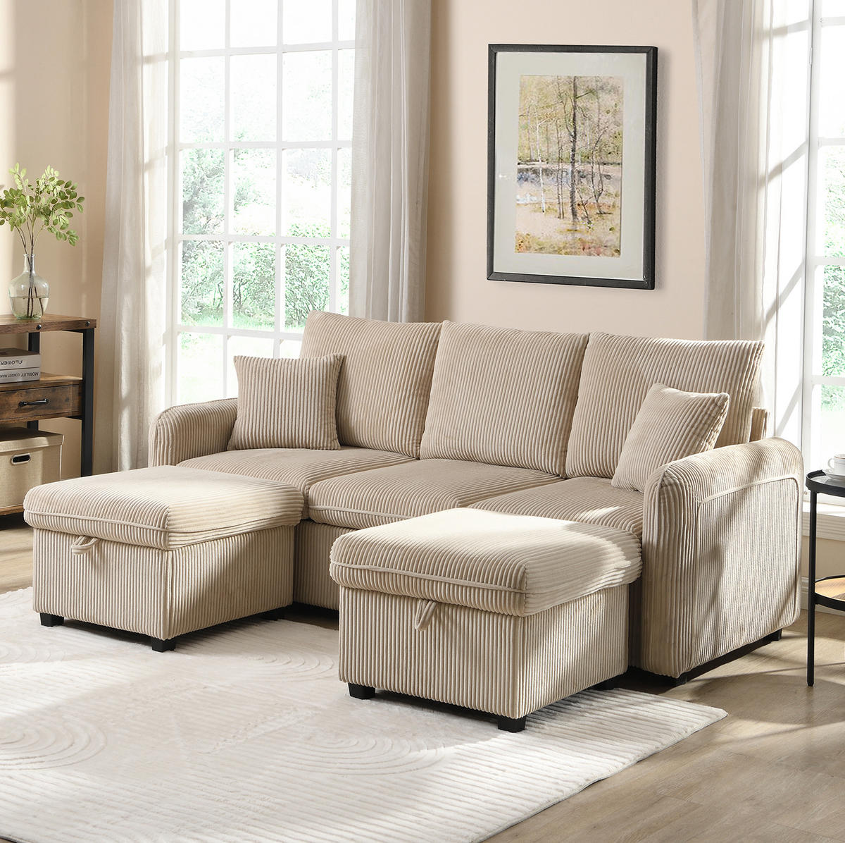 ECKSCHLAFSOFA 3-Sitzer Cord mit Stauraum und 2 Hocker Beige 188/186/86 cm - Beige, Textil (186/188cm) - Redom