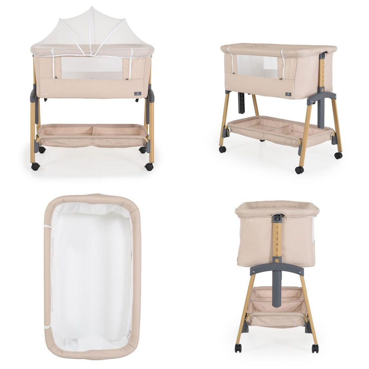 BEISTELLBETT Adoro beige 82 x 48 cm, 7 Höhenpositionen, Anti-Reflux, Moskitonetz, Matratze - Beige, Metall (48/82cm) - Cangaroo