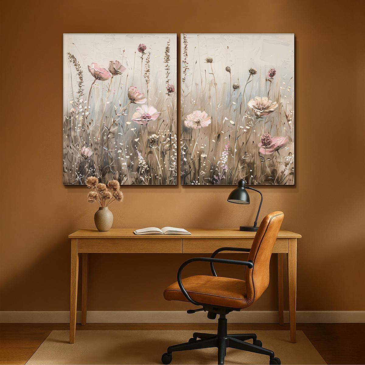 LEINWANDBILD 2er Set Blumen - Beige - Modern - Rosa 180x120 cm - Ecru, Textil (180/120cm) - MuchoWow