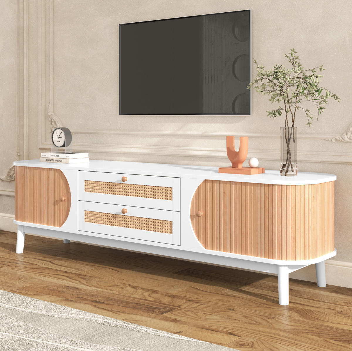 TV-SCHRANK in Weiß und Holzoptik mit Rattan-Schubladen 170/39.5/46 cm - Weiß, Holzwerkstoff (170/46/39.5cm) - Redom