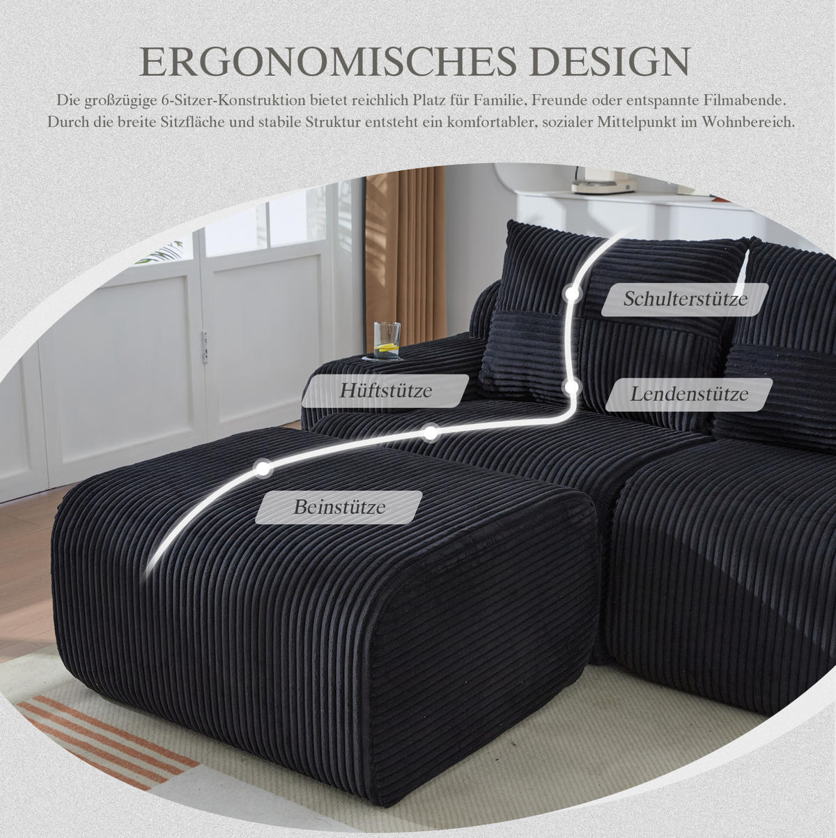 3-SITZER Wohnlandschaft Cord mit Getränkehalter und Aufbewahrungstasche 268/174/80 cm Schwarz - Schwarz, Textil (174/80/268cm) - Redom