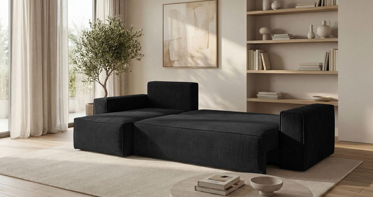 ECKSOFA CALIFORNIA MINI links schwarz Cord Poso 135 - Schlaffunktion, Bettkasten - Schwarz, Textil (245/140cm) - Cornero