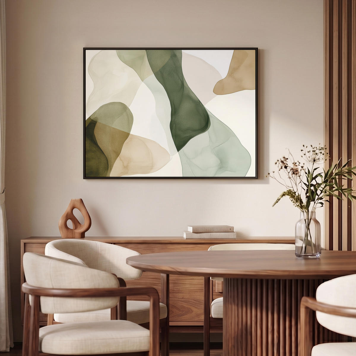 LEINWAND Bilder mit Rahmen - Japandi - Abstrakt - Grün - 100x70 - Salbeigrün, Textil (100/70cm) - MuchoWow