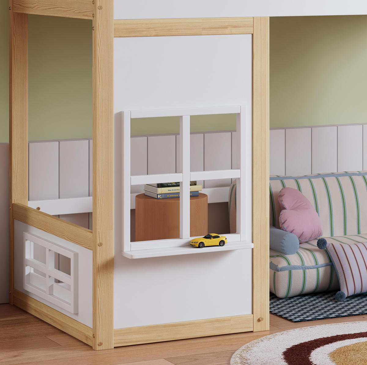 ETAGENBETT aus Kiefer und MDF 90x200 cm Weiß/Natur mit Treppe, Fallschutz, Dach und Fenstern - Weiß, Holzwerkstoff (90/200cm) - Modfu