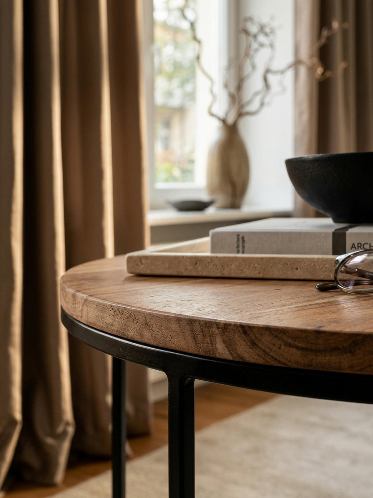 COUCHTISCH Naturholz mit stabiler Konstruktion und runder Ablage, Belastbarkeit 50 kg - Beige/Schwarz, Holz/Metall (60/60/43cm) - KADIMA DESIGN