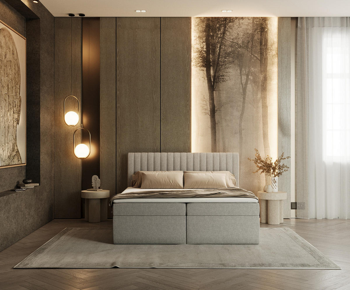 BOXBETT Maldon 180/200 cm Graubeige im Megan Stoff - Schwarz/Grau, Holz/Holzwerkstoff (180/200cm) - AltaBeds