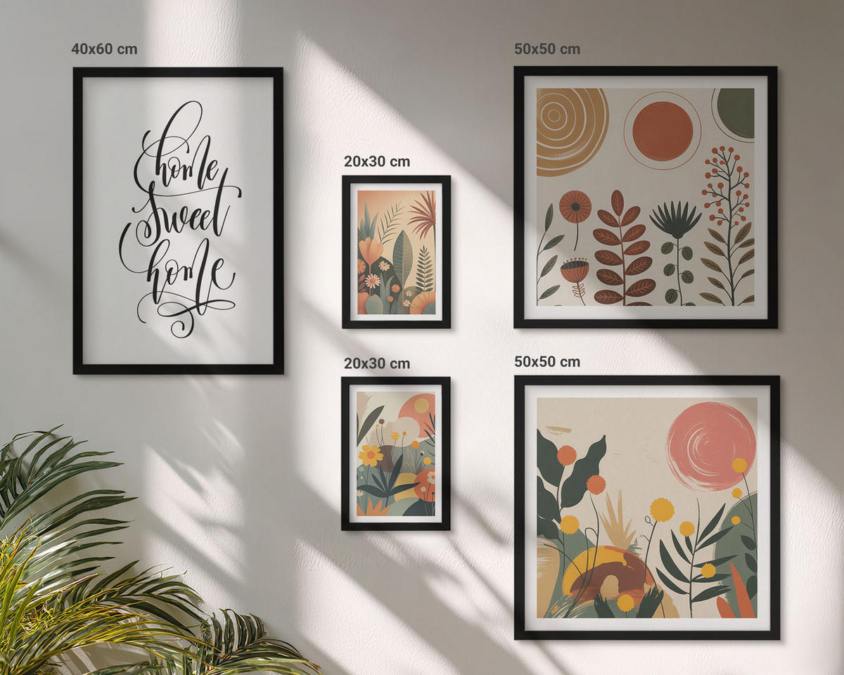 BILDER SET 5er Set - 50x50 cm & 20x30 cm & 40x60 cm Schwarzer Rahmen - Pastellfarbene Pflanzenmuster - Schwarz, Kunststoff (40/60cm) - TULUP