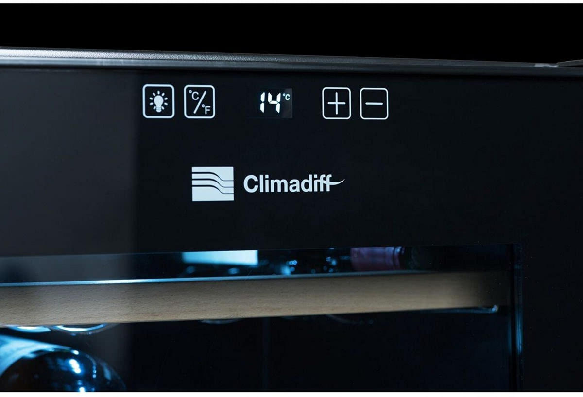 CLIMADIFF CC28 Weinkühlschrank 28 Flaschen – Design Weinkühler mit Glastür, Leise 30 dBA, Kompakt Flaschenkühlschrank 73×45×52 cm - Schwarz, Glas (45/52/73cm)